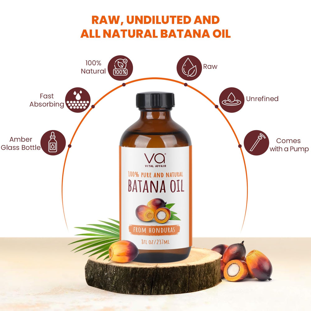 VITAL AFFAIR Batana Oil on a clean surface emphasizes 100% raw Honduran oil.
