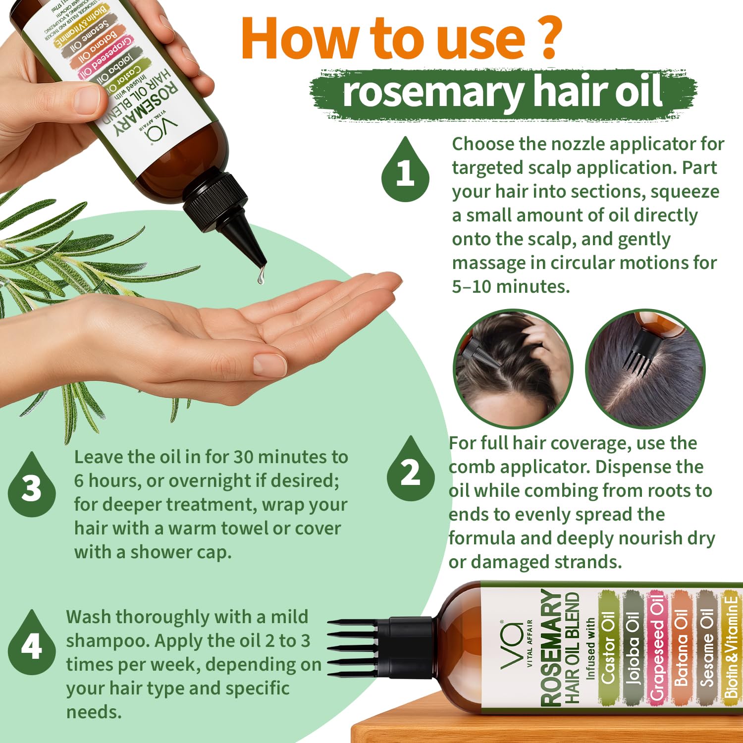 VITAL AFFAIR Castor and Jojoba oils nourish the scalp and hair strands.
