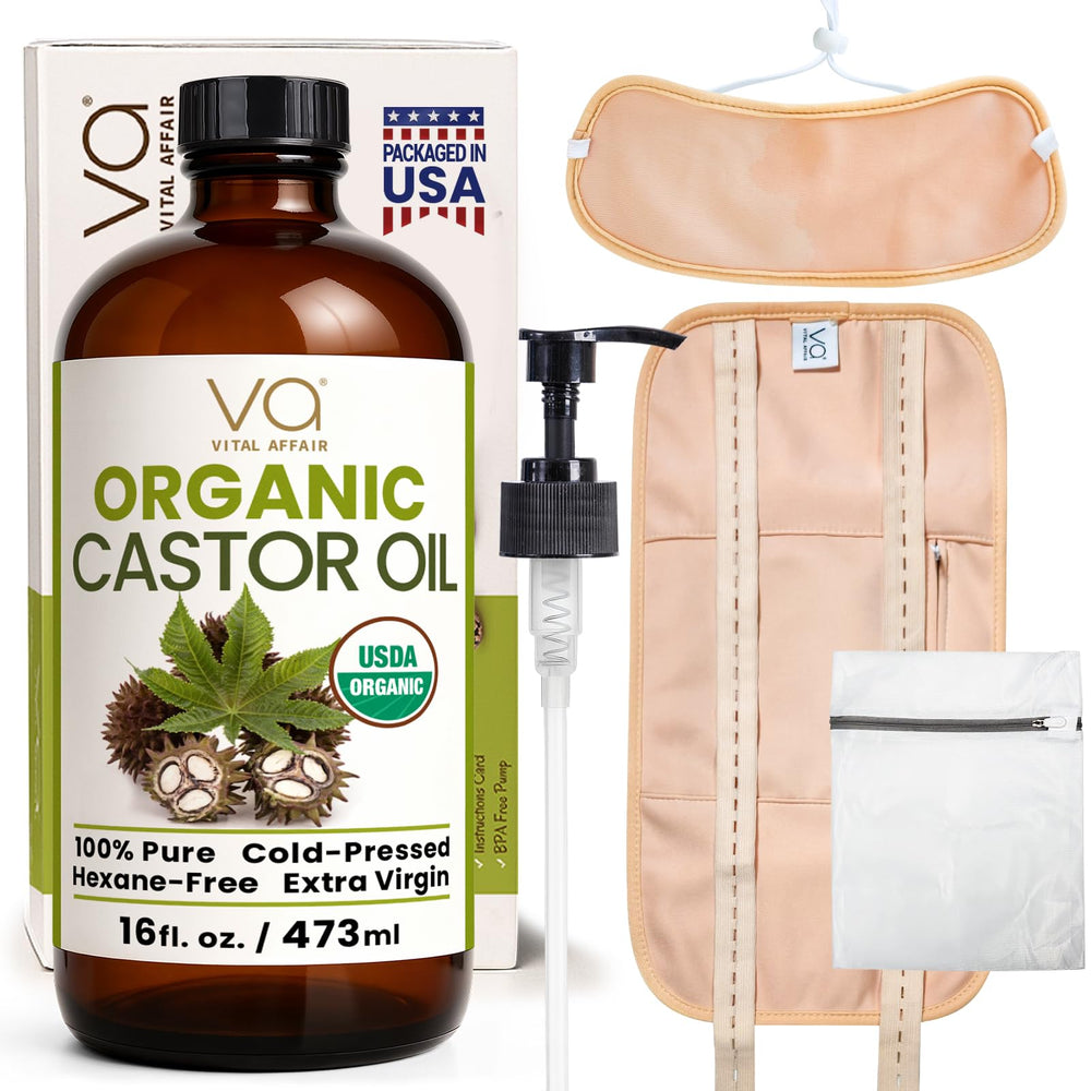 VITAL AFFAIR castor oil pack glass bottle showing purity and freshness