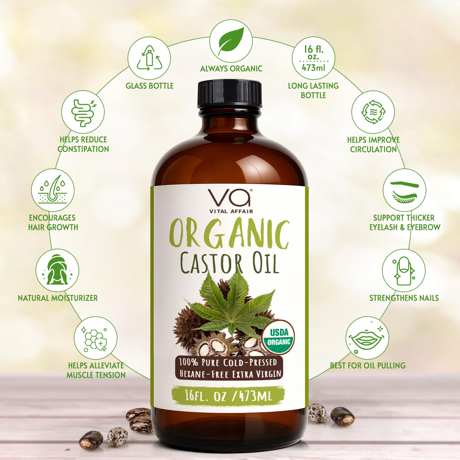 VITAL AFFAIR organic castor oil 16 oz highlighting hexane-free formula