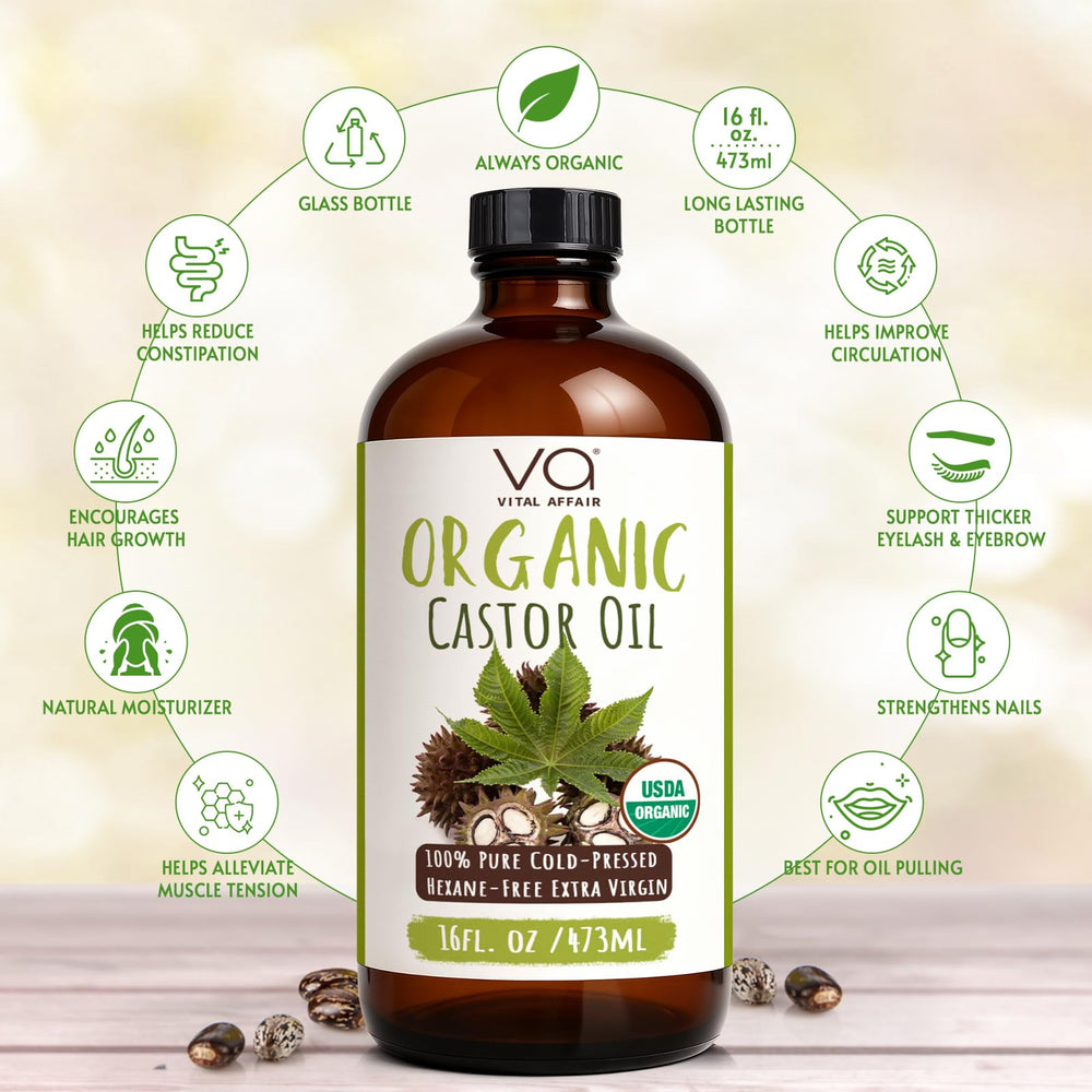 VITAL AFFAIR organic castor oil 16 oz highlighting hexane-free formula