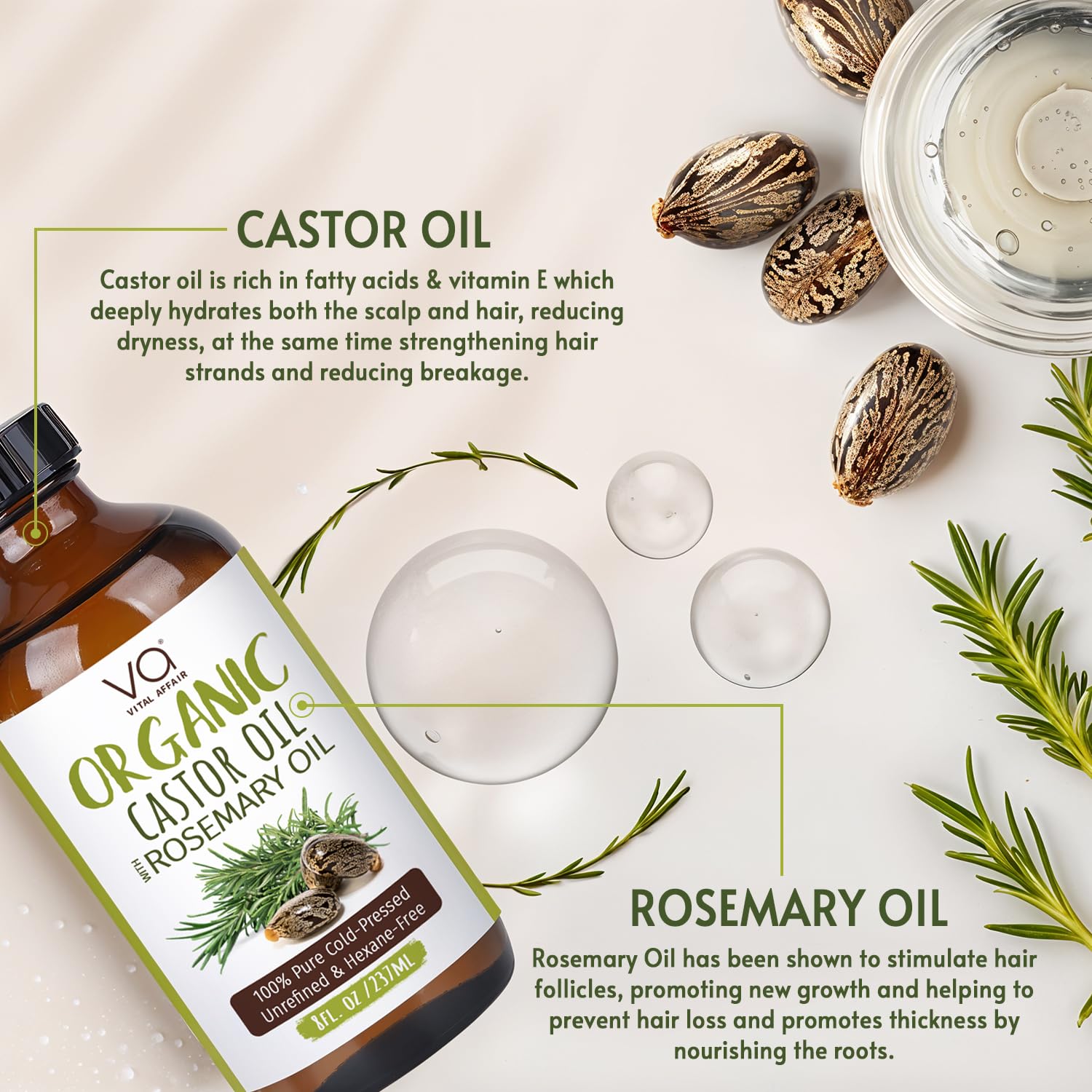 VITAL AFFAIR organic castor oil rosemary for natural hair care and conditioning.
