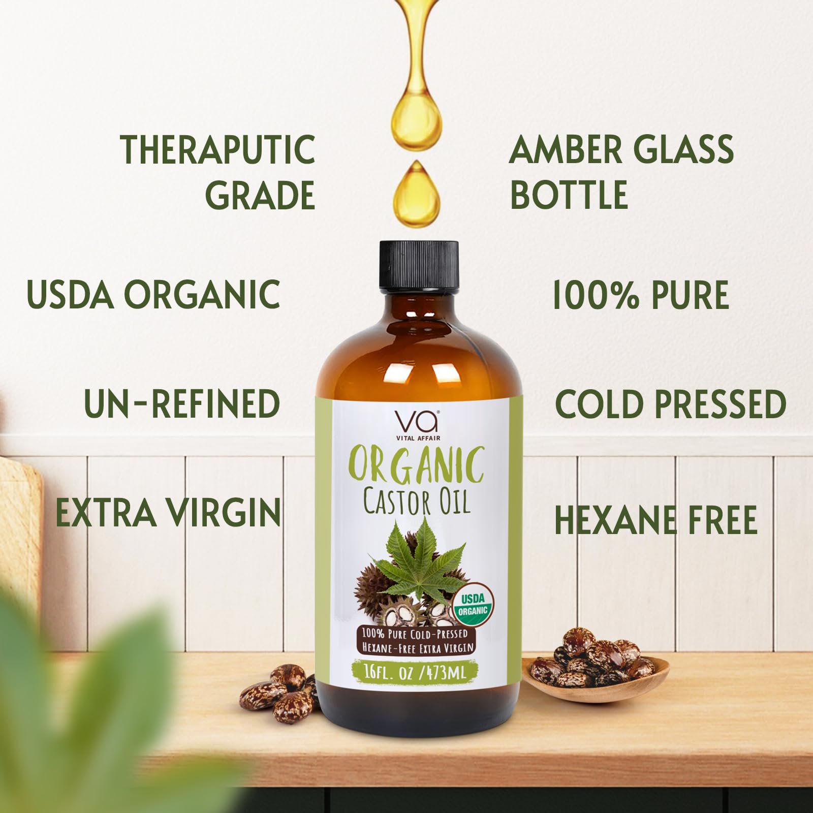 VITAL AFFAIR organic cold pressed castor oil in a glass bottle emphasizes purity.