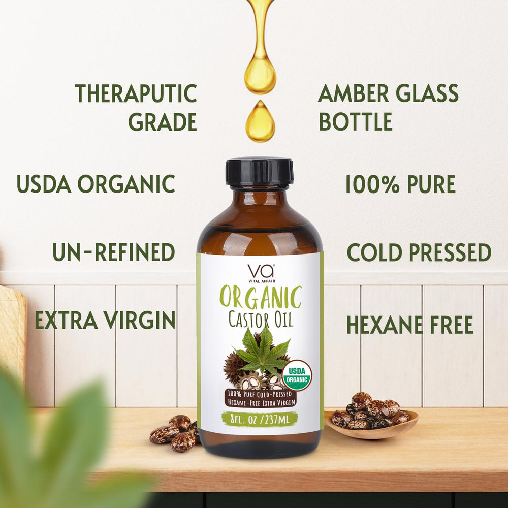VITAL AFFAIR organic cold pressed castor oil in a glass bottle for skin hydration