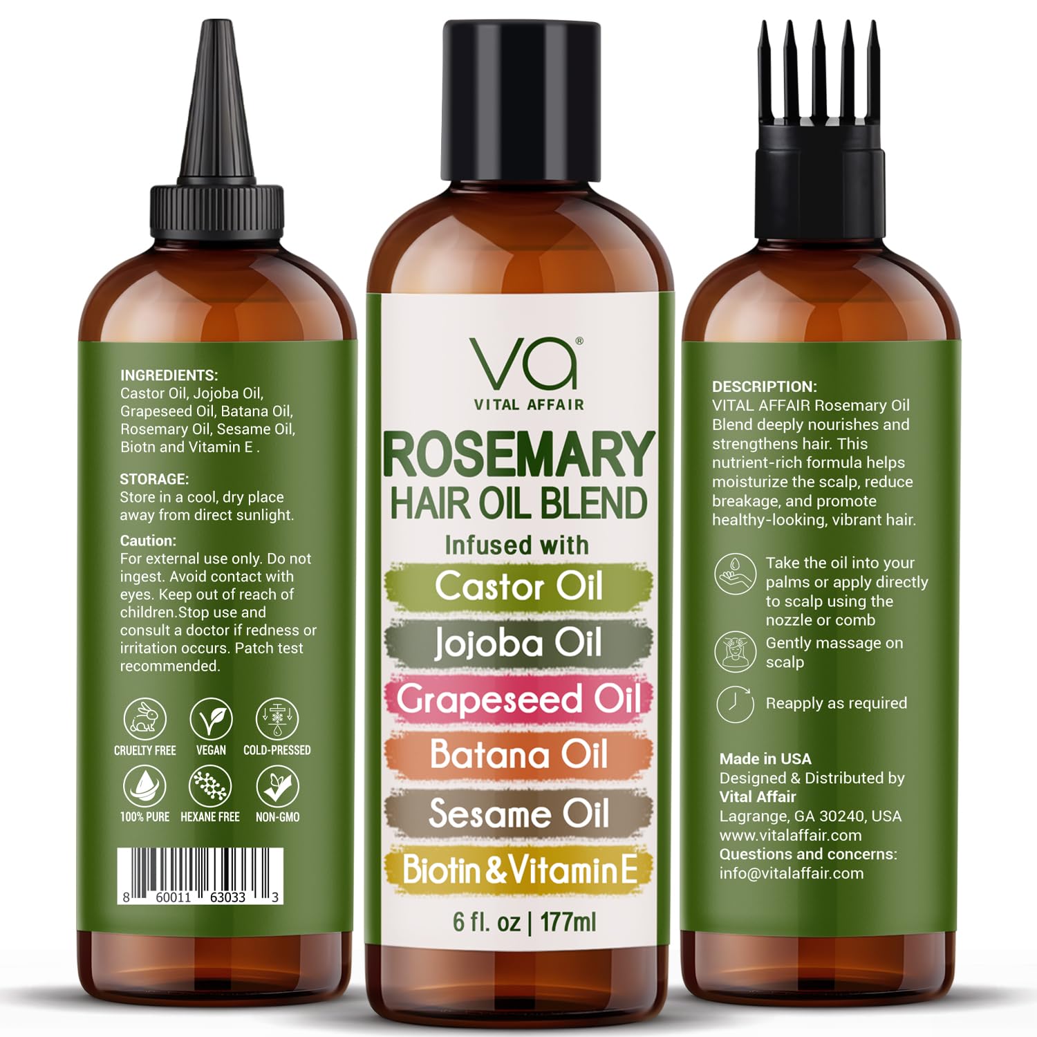 VITAL AFFAIR Rosemary Oil ingredients label highlights castor, jojoba, batana, biotin, and vitamin E.