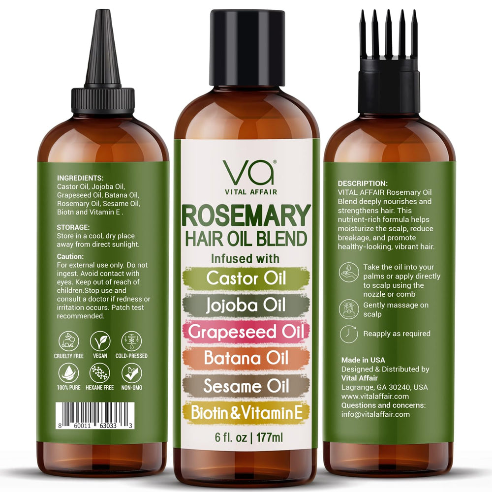VITAL AFFAIR Rosemary Oil ingredients label highlights castor, jojoba, batana, biotin, and vitamin E.