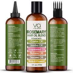 VITAL AFFAIR Rosemary Oil ingredients label highlights castor, jojoba, batana, biotin, and vitamin E.
