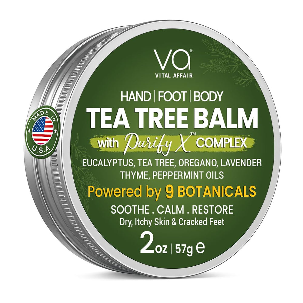 Vital Affair Tea Tree Oil Balm in a 2oz tin soothes dry skin.