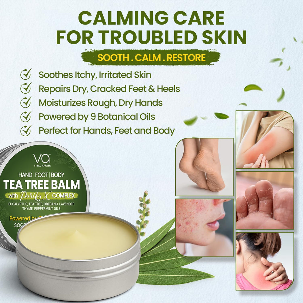 Vital Affair Tea Tree Oil Balm on feet softens rough skin and nourishes heels.