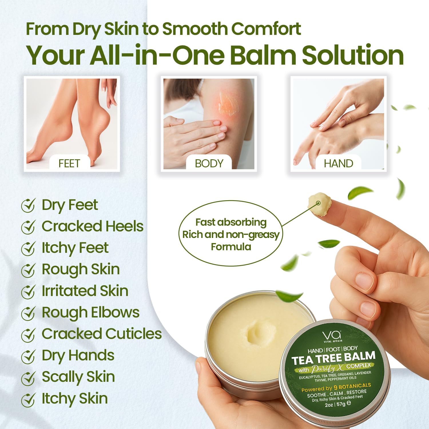 Vital Affair Tea Tree Oil Balm on hands moisturizes dry skin after work.