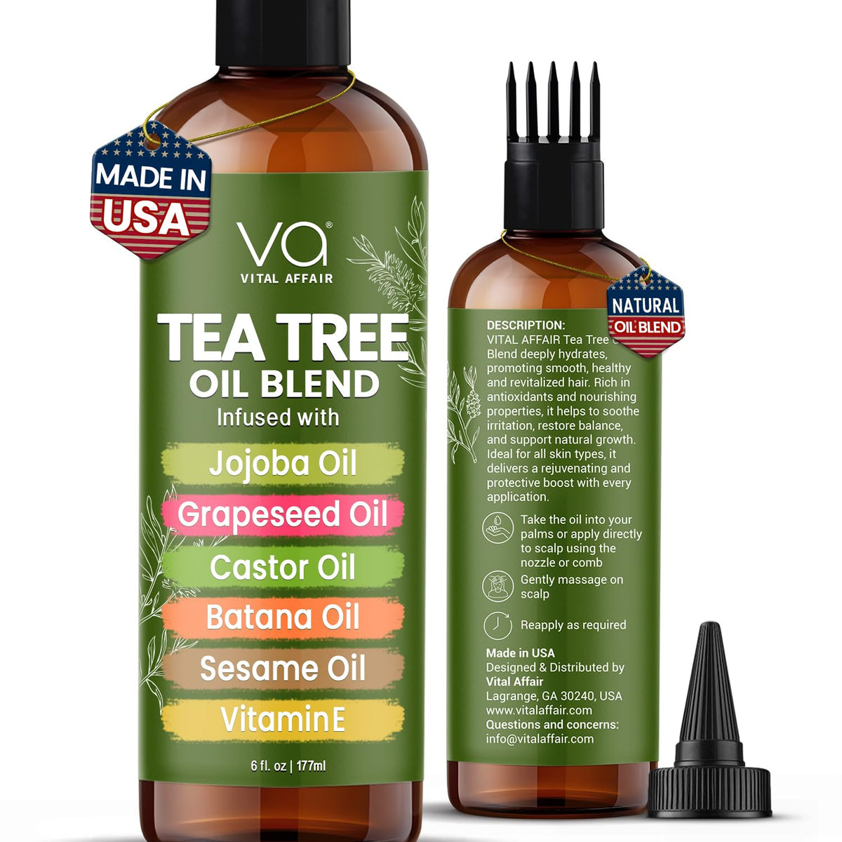 VITAL AFFAIR Tea Tree Oil for Hair bottle highlights a natural scalp treatment.