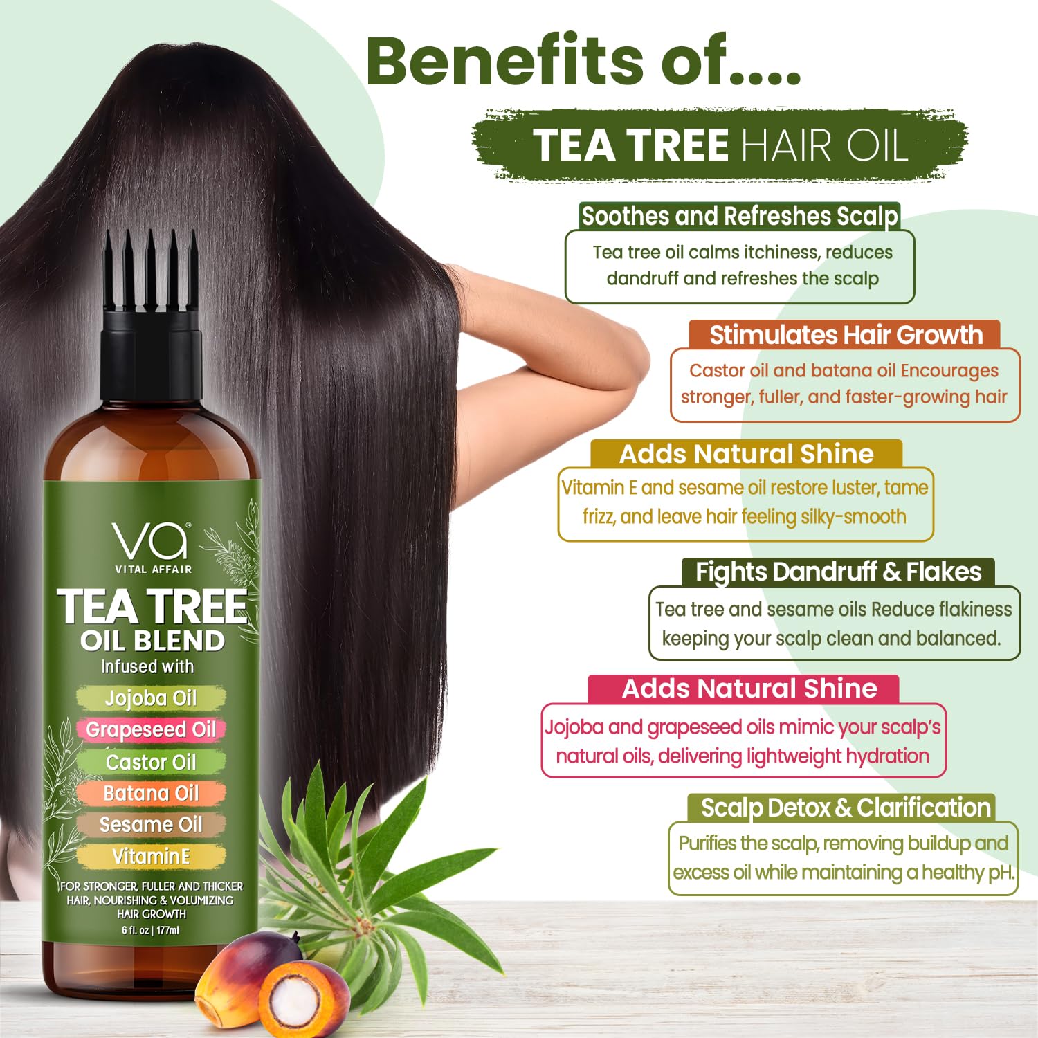 VITAL AFFAIR Tea Tree Oil ingredients list shows jojoba, castor, batana oils.