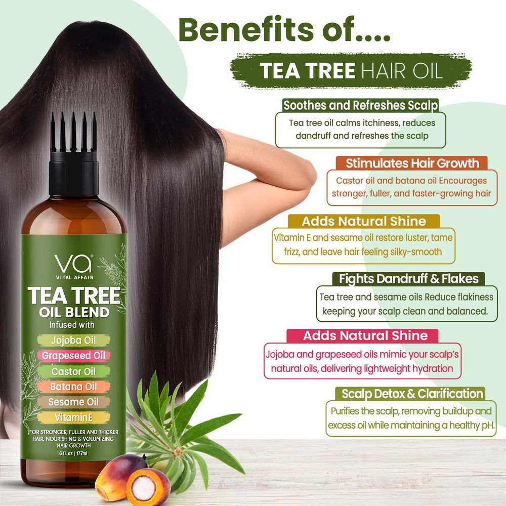 VITAL AFFAIR Tea Tree Oil ingredients list shows jojoba, castor, batana oils.