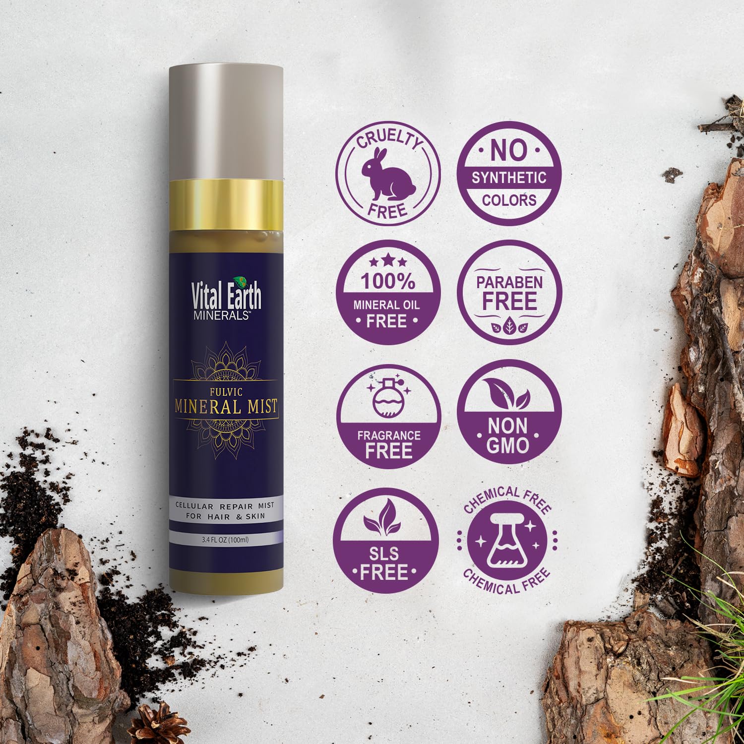 Vital Earth Minerals facial mist packaging highlights chemical-free extraction