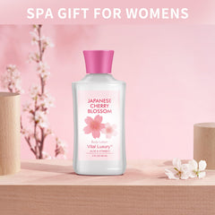 Body lotion bottle from Vital Luxury Cherry Blossom set, leaving skin soft after showers.