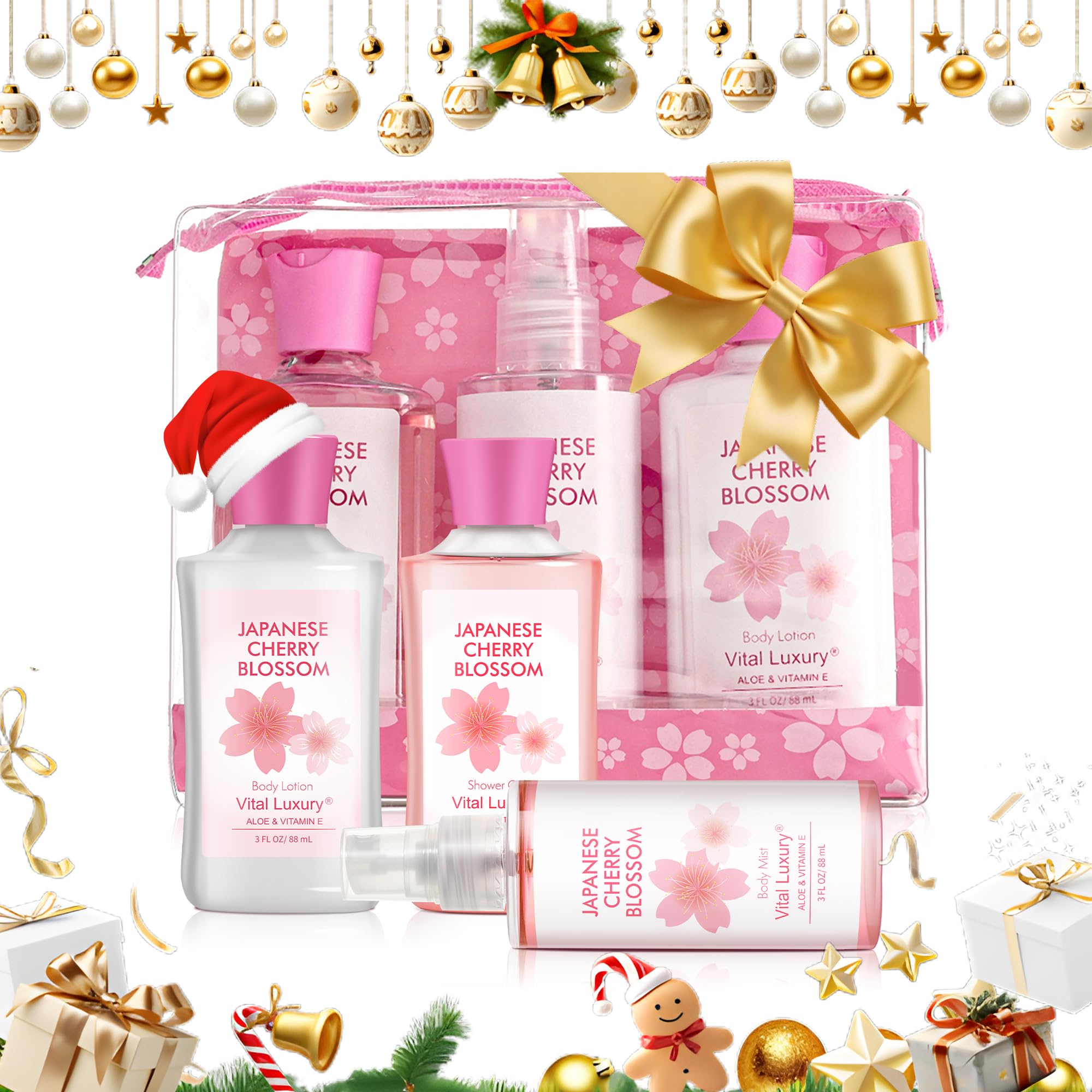 Close-up of Vital Luxury packaging details for Cherry Blossom set, great for gift display.