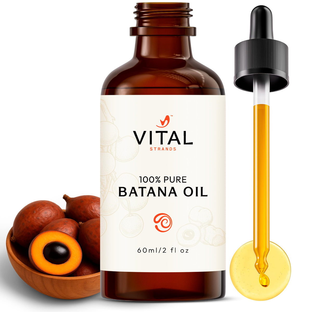 Vital Strands Batana Oil bottle on a clean surface, supporting hair growth.
