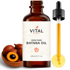 Vital Strands Batana Oil bottle on a clean surface, supporting hair growth.