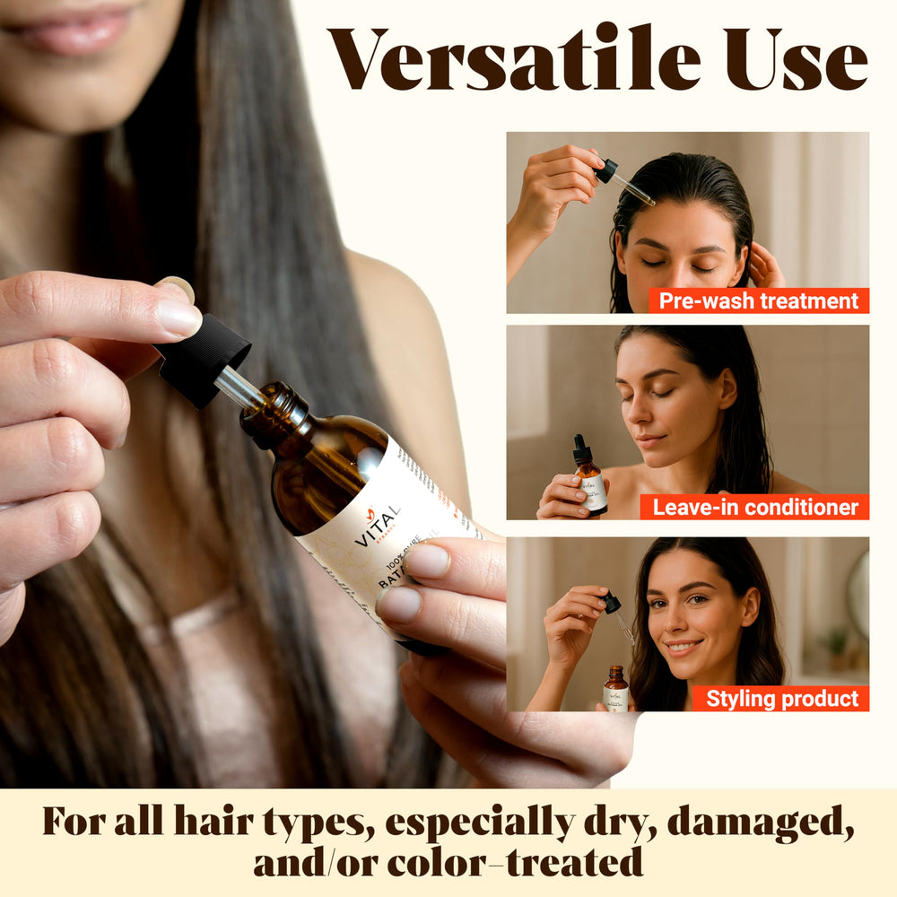 Scalp care scene highlighting detox and balance with Batana Oil.