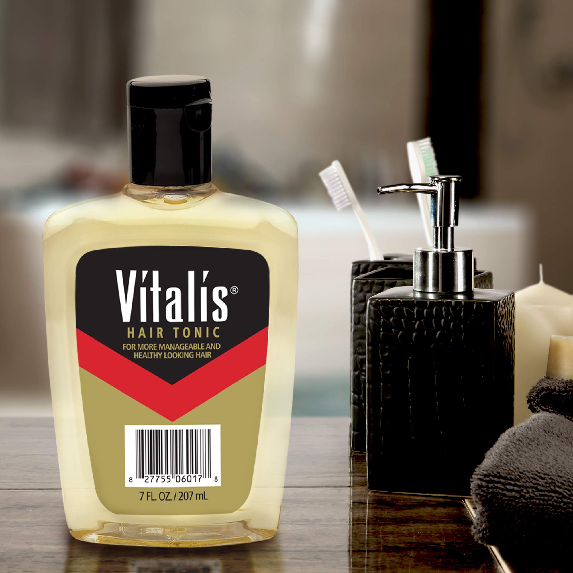 Vitalis Hair Tonic bottle cap close-up showing a lightweight, non-greasy formula.