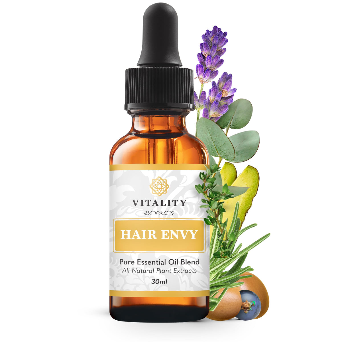 Vitality Hair Envy bottle front view shows pure essential oil blend for scalp care