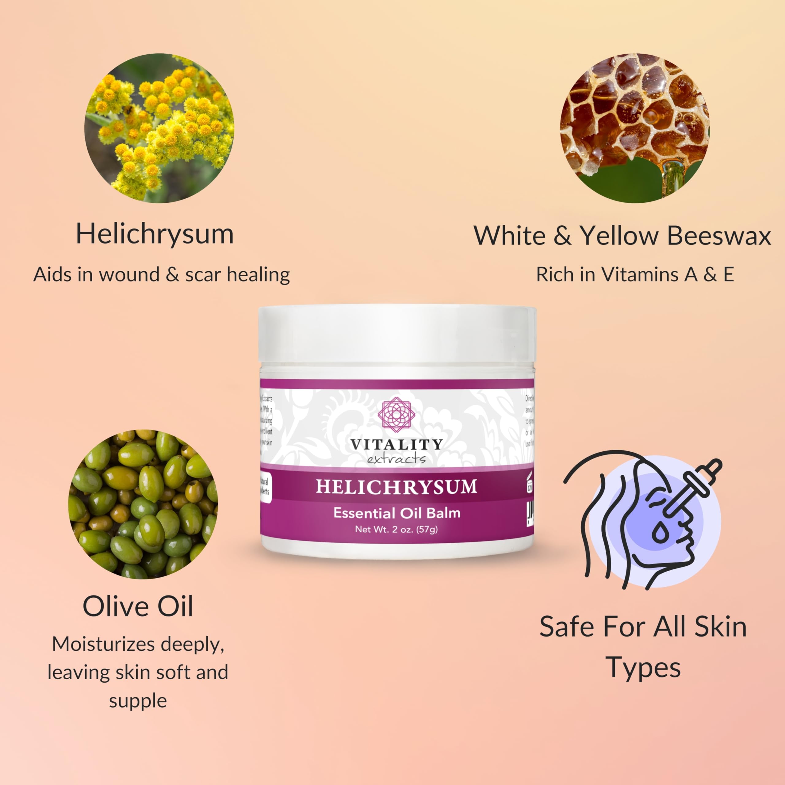 Vitality Helichrysum Balm applied to dry areas suggests full body hydration.