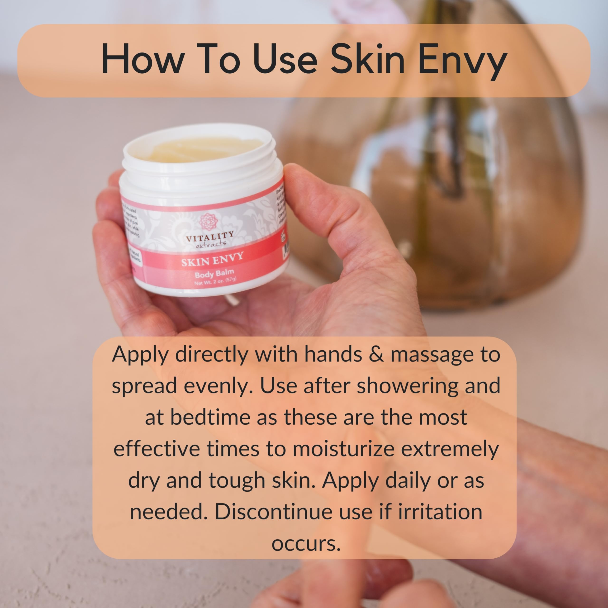 Vitality Skin Envy Balm packaging emphasizes clean, cruelty-free ingredients.