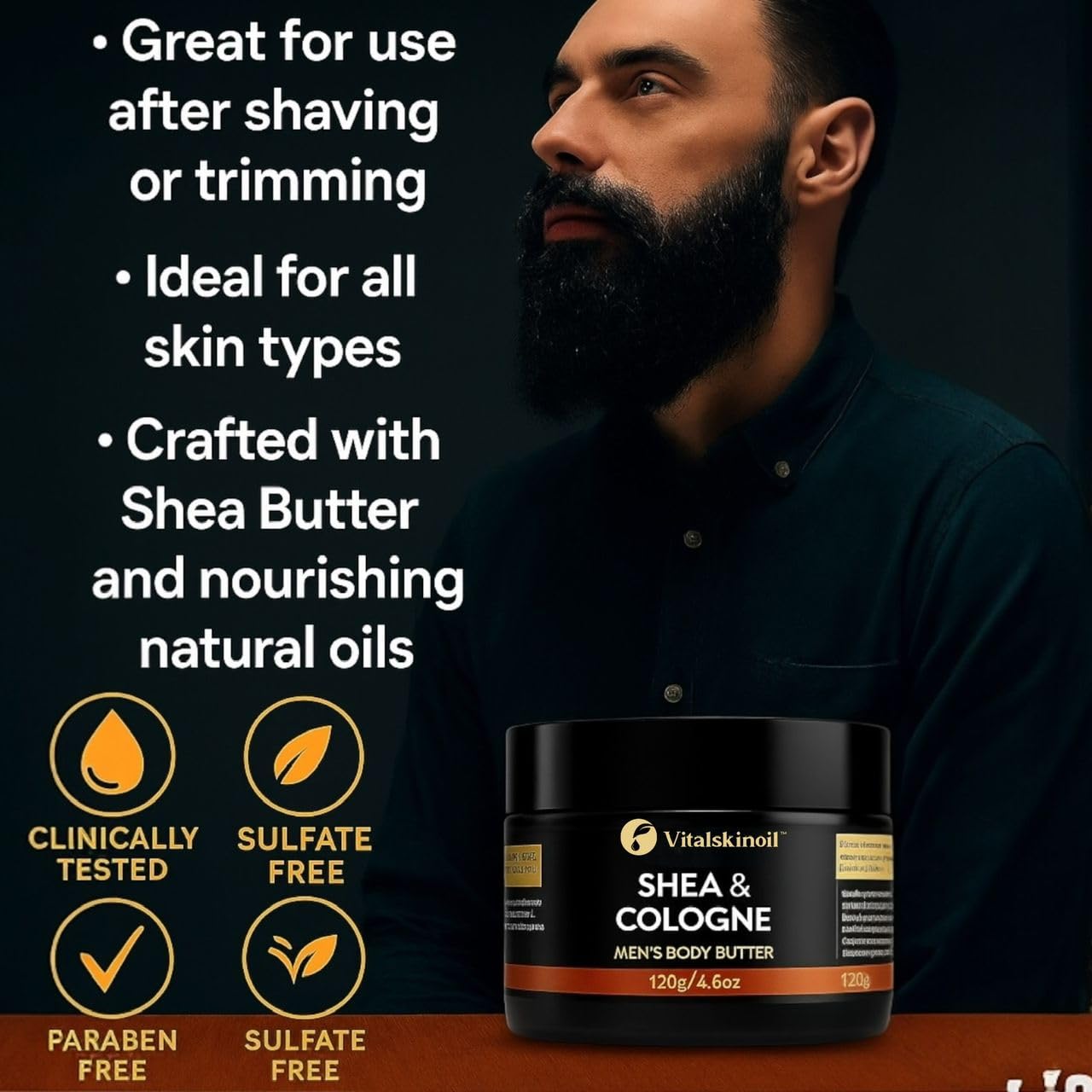 VITALSKINOIL Body Butter for Men display in sleek black jar conveys premium skincare.