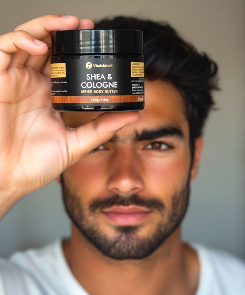 VITALSKINOIL Body Butter for Men texture spread shows creamy moisture for daily use.