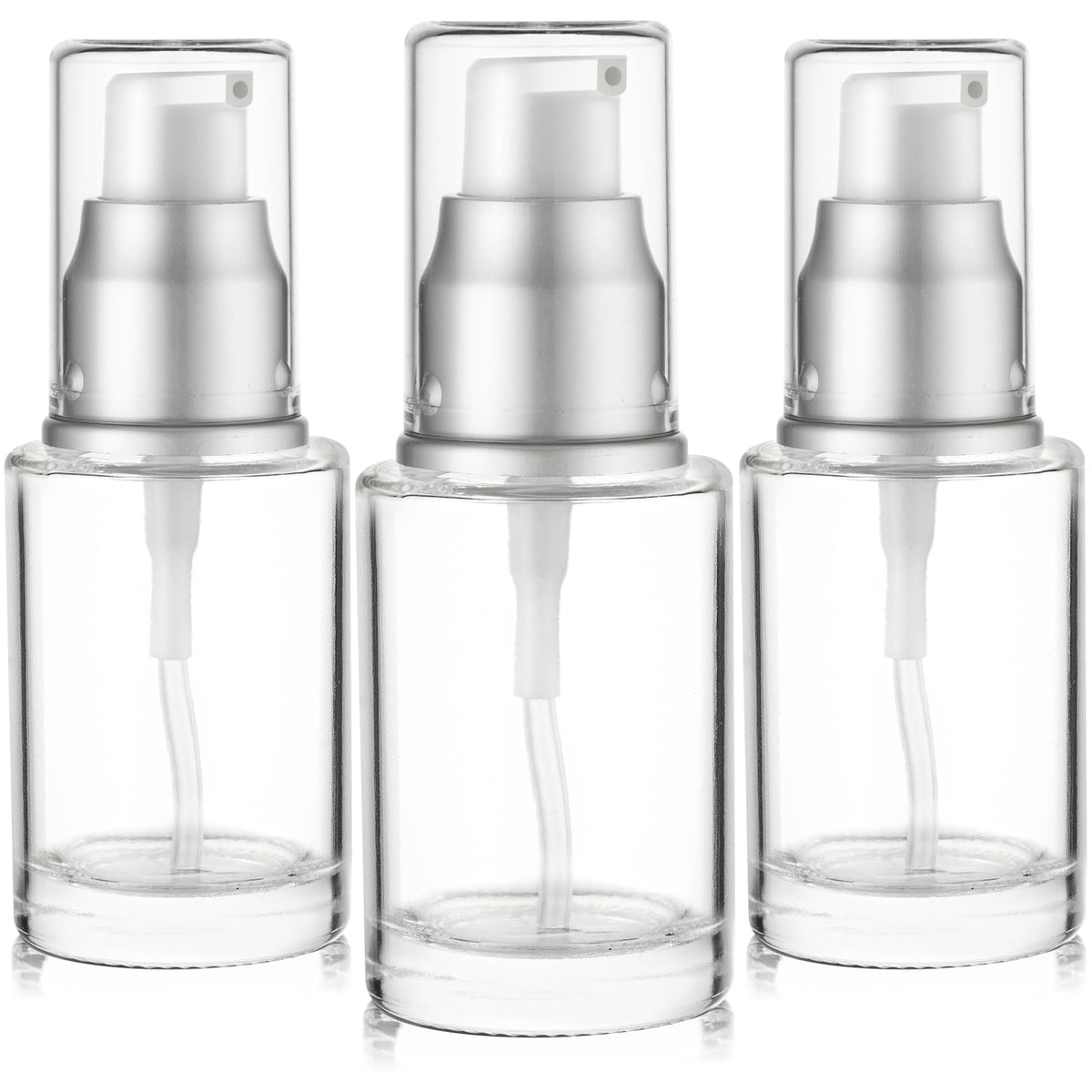 VitalUp clear glass lotion pump bottle 30ml, 3-pack, ideal for travel and organized skincare.