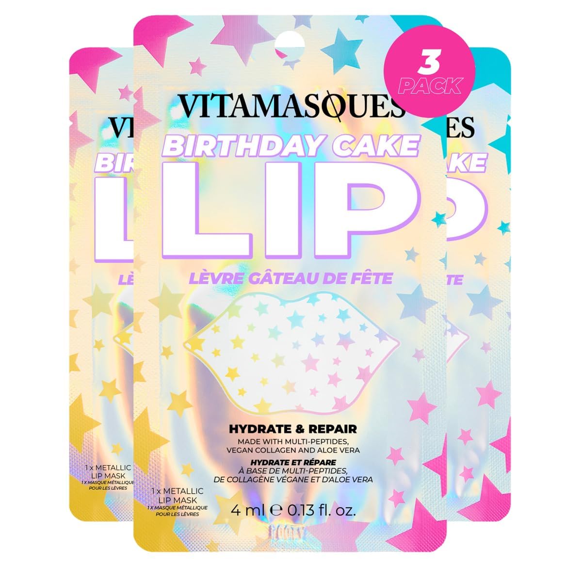 Vitamasques Birthday Cake Lip Mask sheets hydrate and smooth lips.