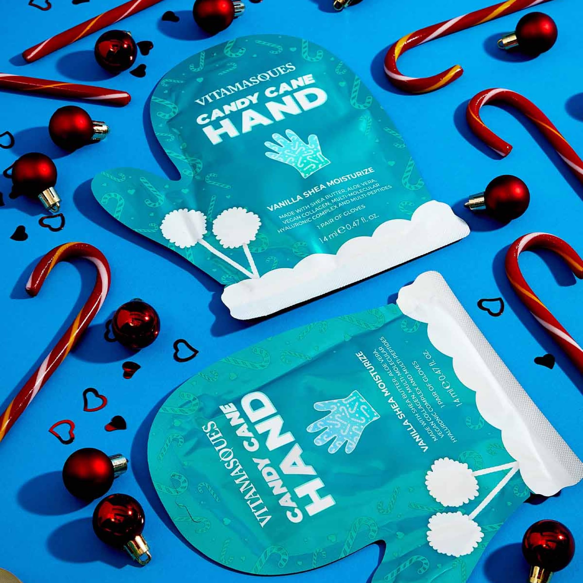 Close-up of Candy Cane Foot Mask sleeve delivering hydration to heels