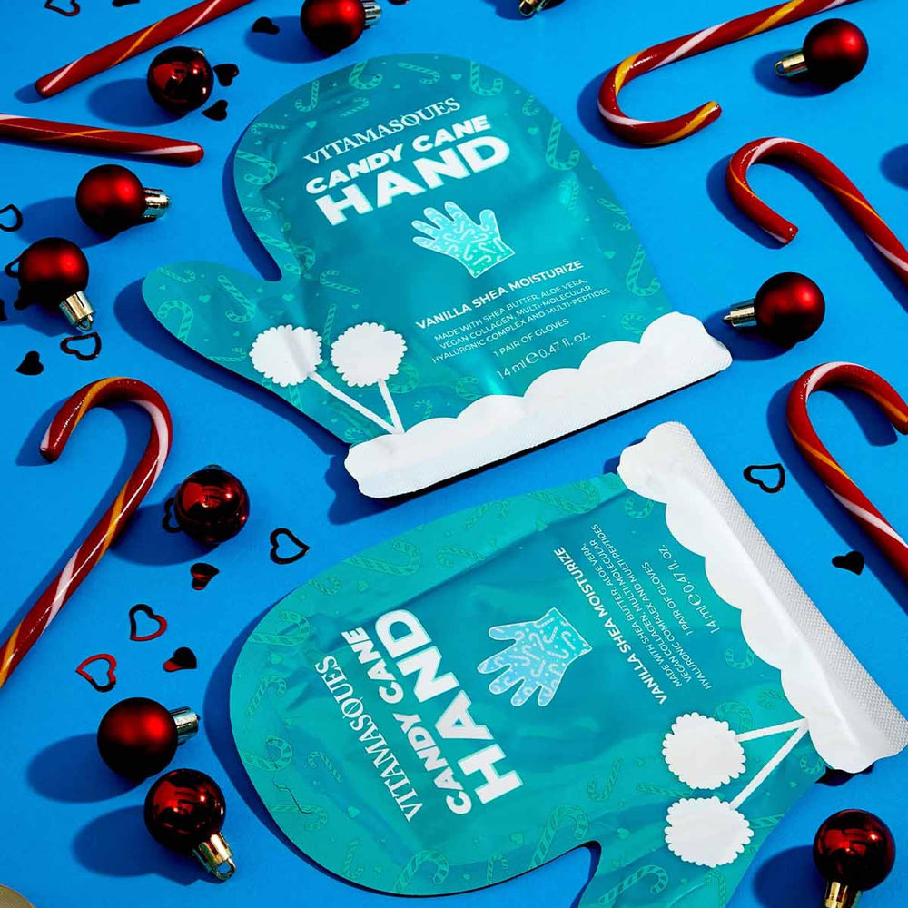 Close-up of Candy Cane Foot Mask sleeve delivering hydration to heels