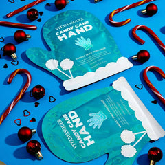 Close-up of Candy Cane Foot Mask sleeve delivering hydration to heels