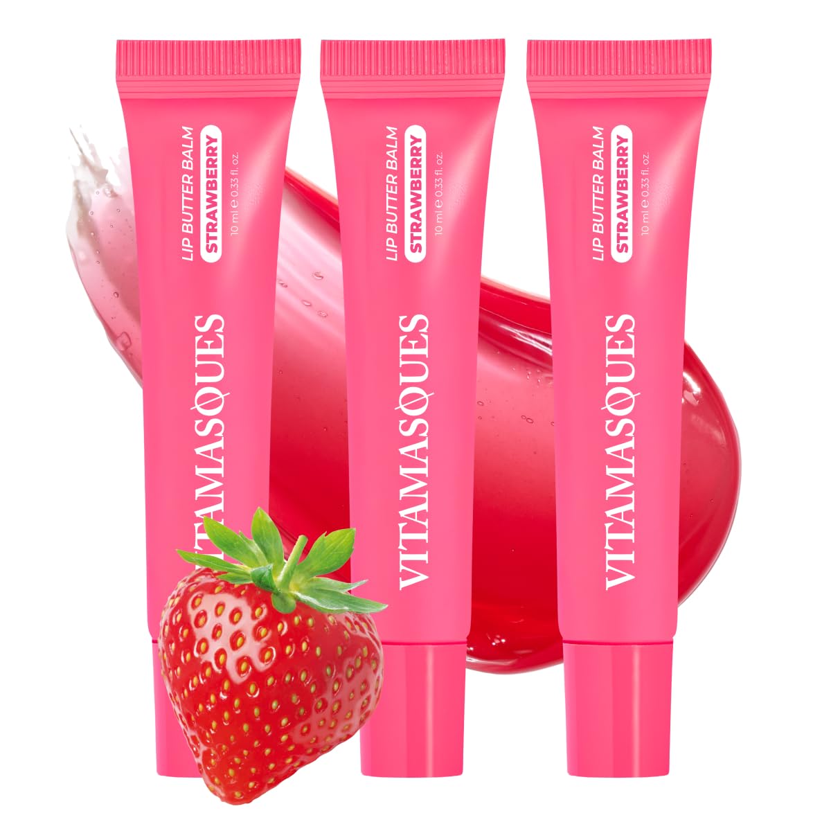 Vitamasques Lip Butter Balm Strawberry three-pack displayed for on-the-go hydration.