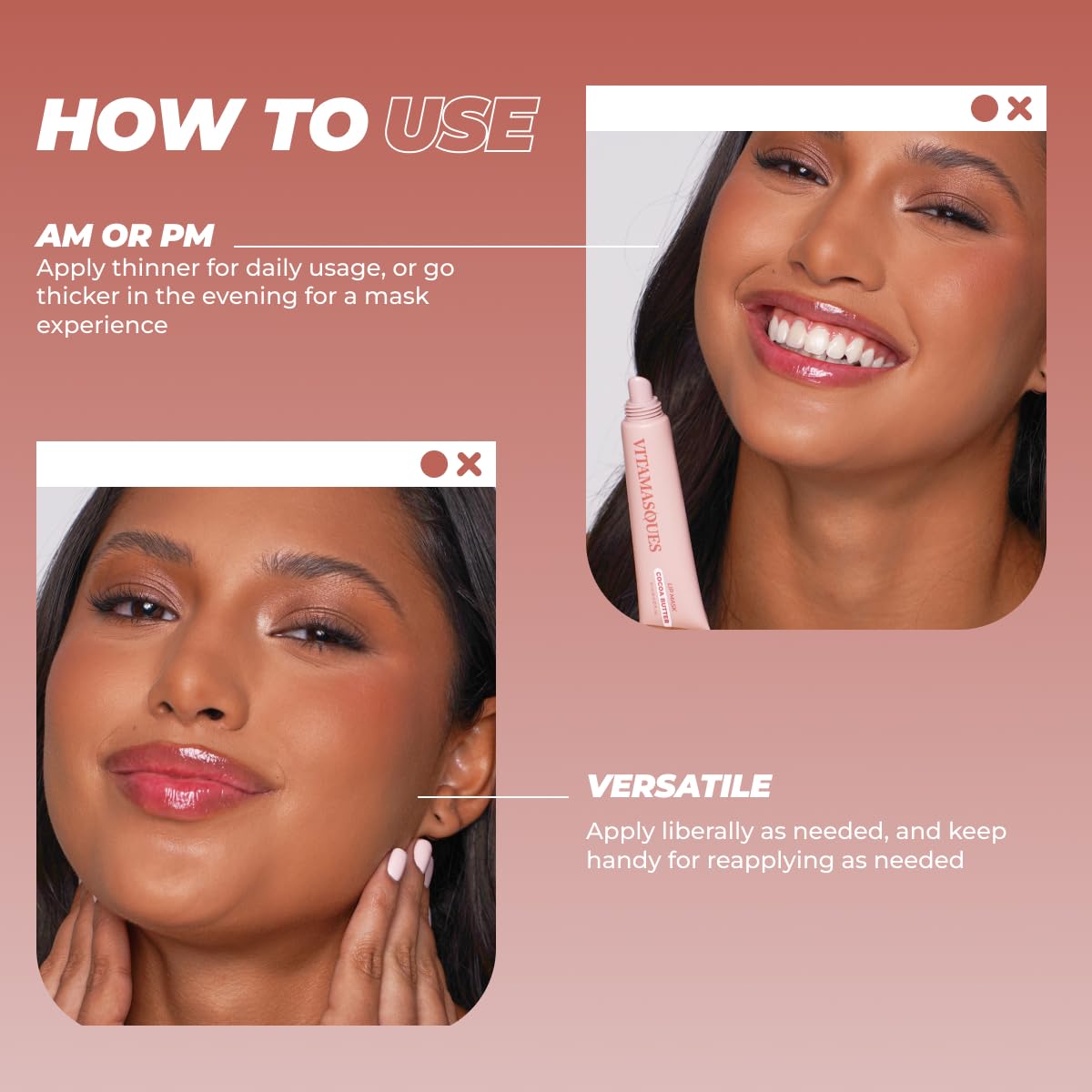 Vitamasques Lip Mask closeup shows rich cocoa fragrance.