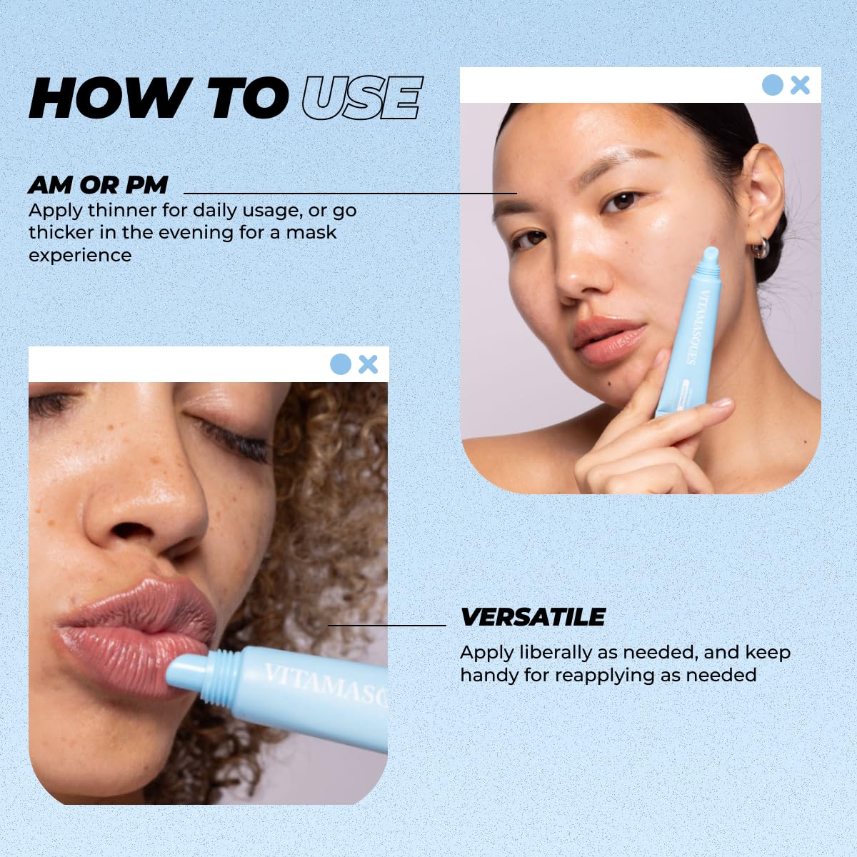Vitamasques lip mask tube application, easy nightly routine for nourished lips.