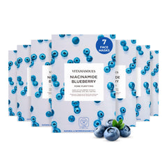 Vitamasques Niacinamide Blueberry Face Mask 7-Pack packaging highlights brightening options