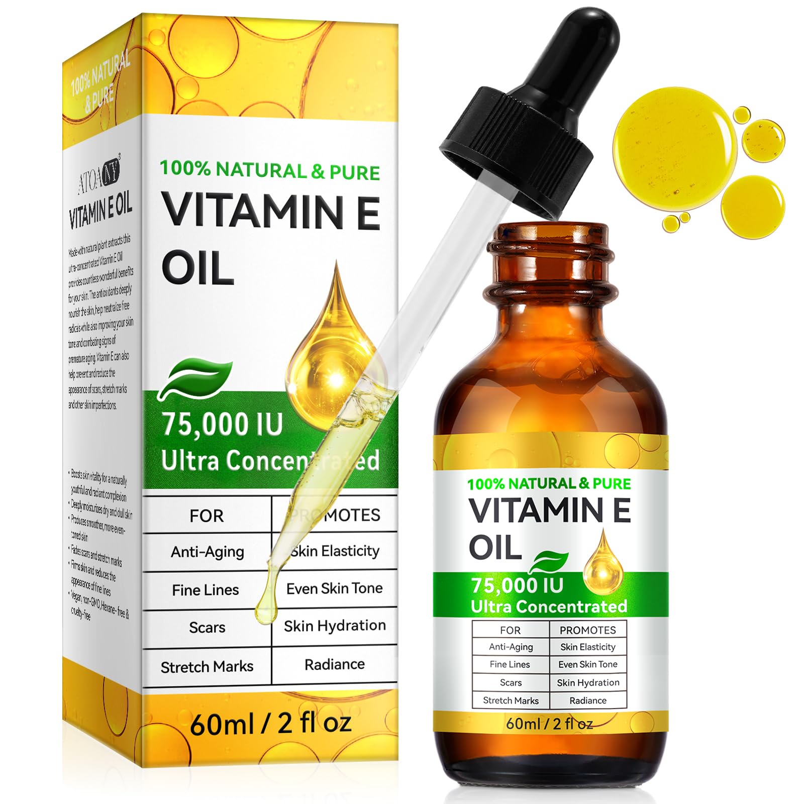 Vitamin E Oil bottle close-up, showing pure vegan formula for skin and hair