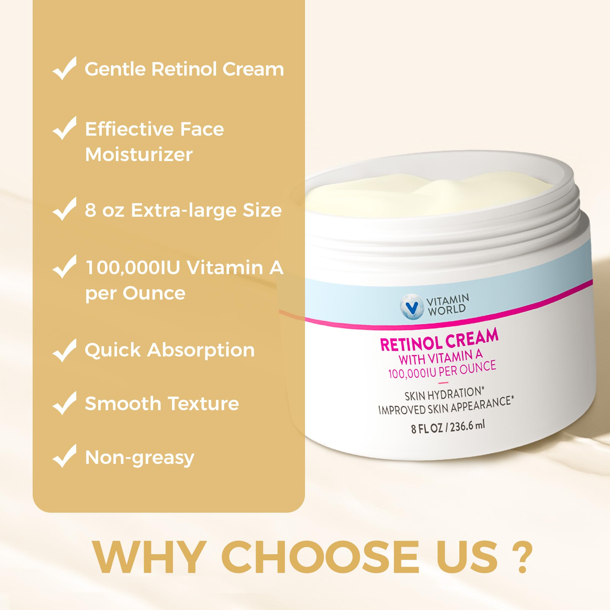 Vitamin World Retinol Cream 8 oz jar packaging emphasizing generous size.