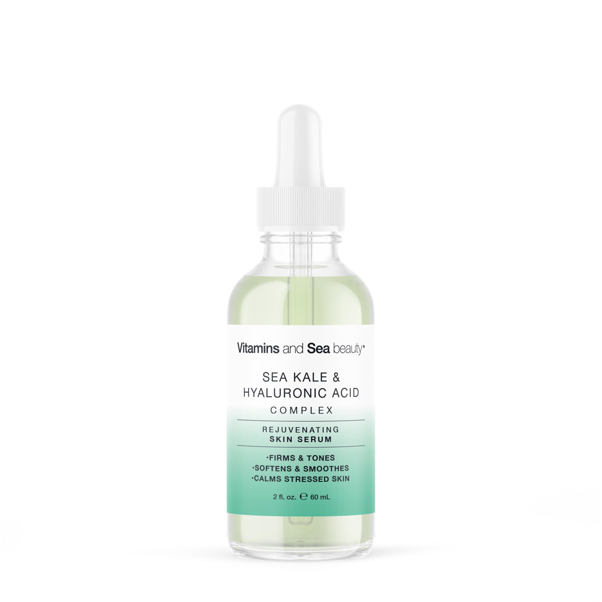Vitamins and Sea Beauty serum bottle close-up highlighting hydrating formula.