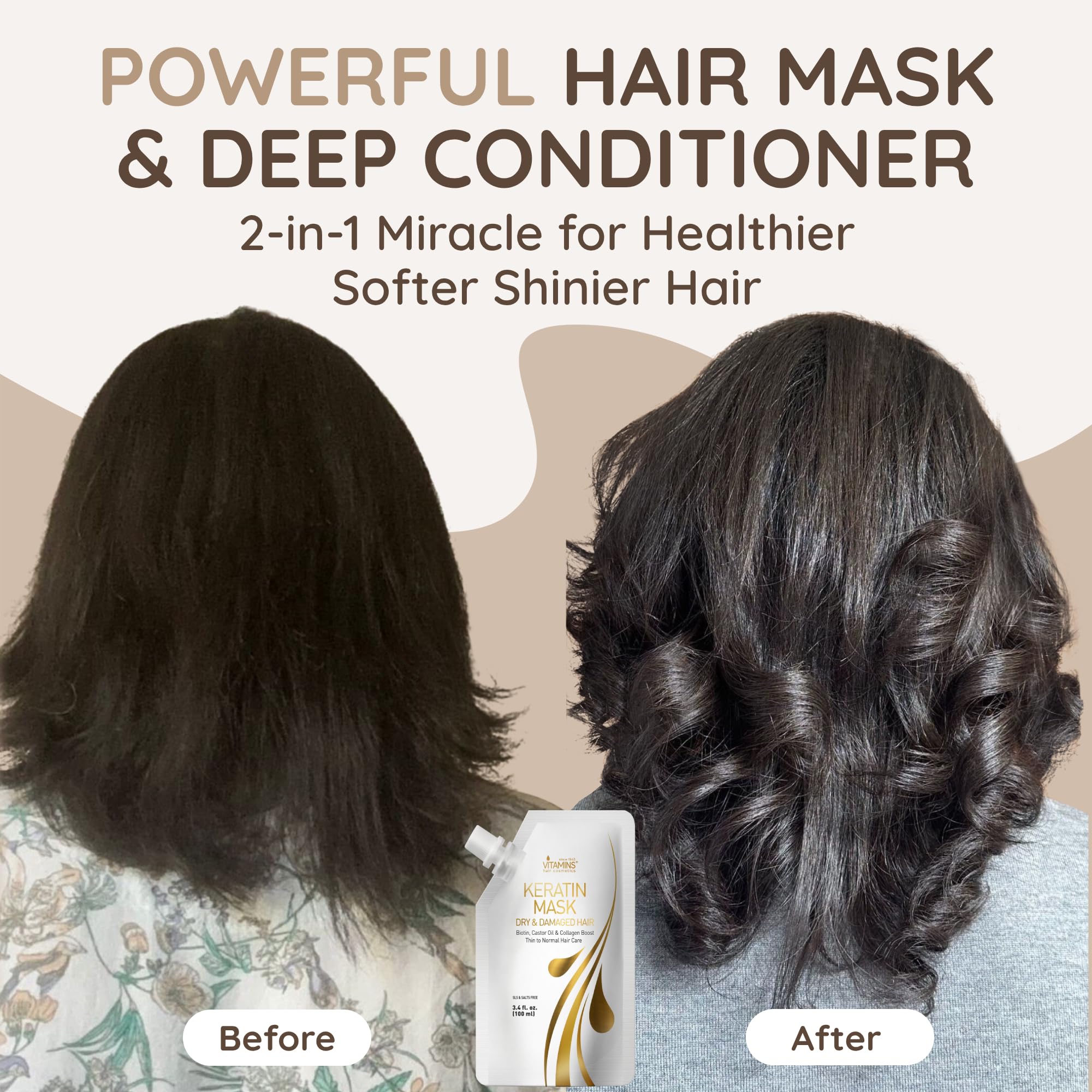 VITAMINS Keratin Mask application shows smooth distribution for thorough conditioning at home.