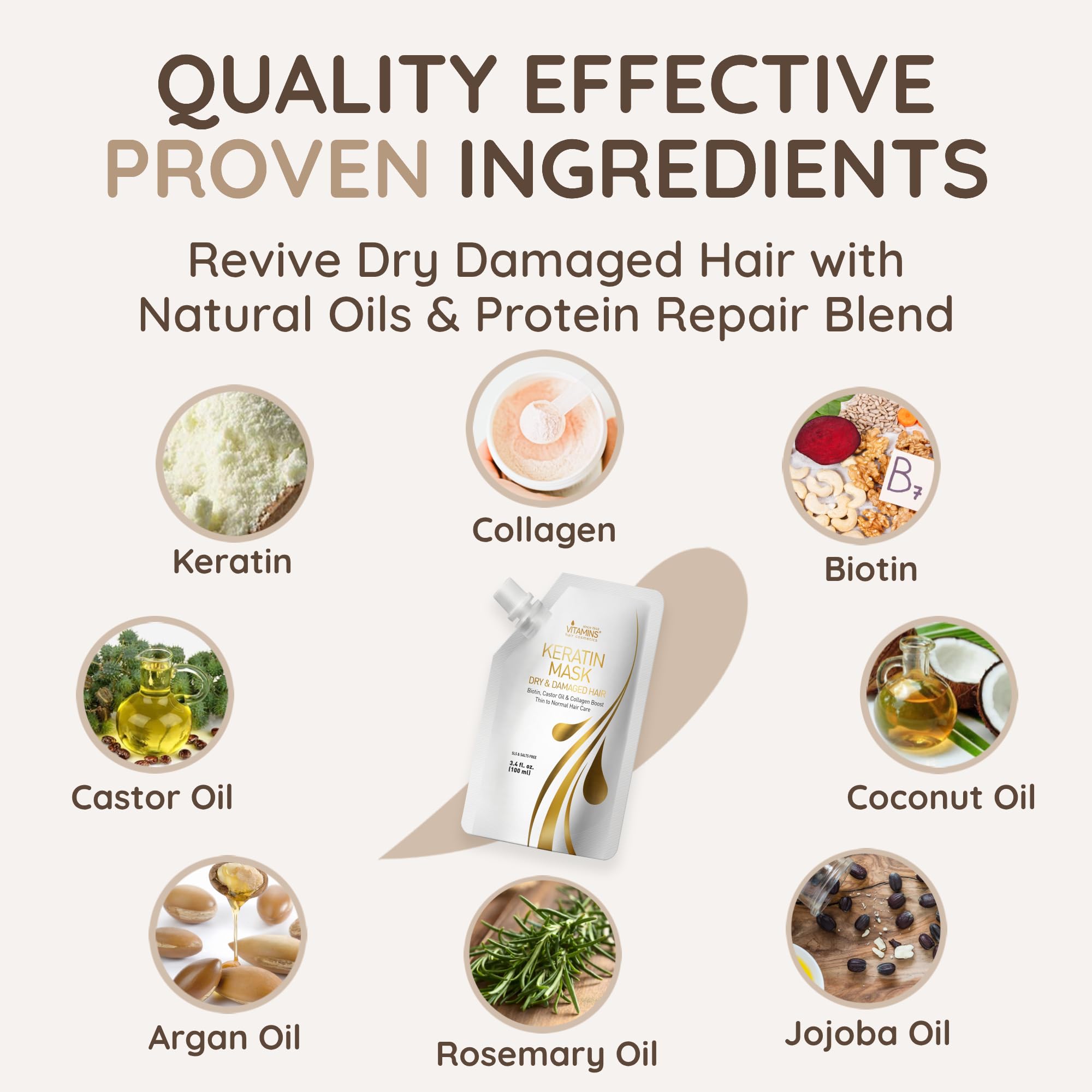 VITAMINS Keratin Mask frizz control delivers silky, long-lasting finish.