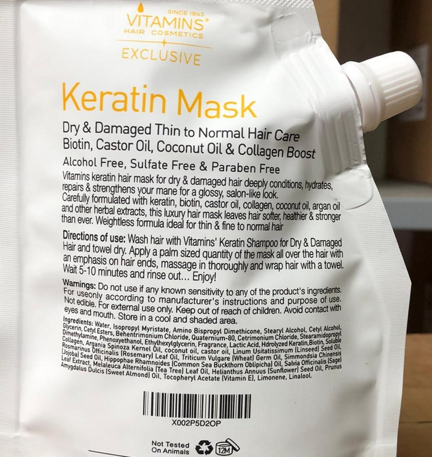VITAMINS Keratin Mask bottle packaging supports a simple weekly routine.