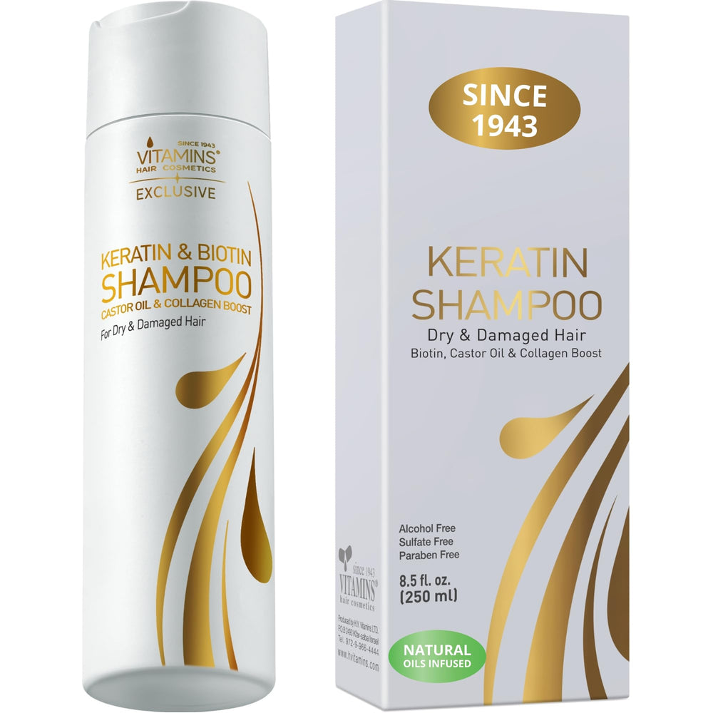 VITAMINS Keratin Shampoo bottle demonstrates sulfate-free cleansing for smooth, manageable hair.