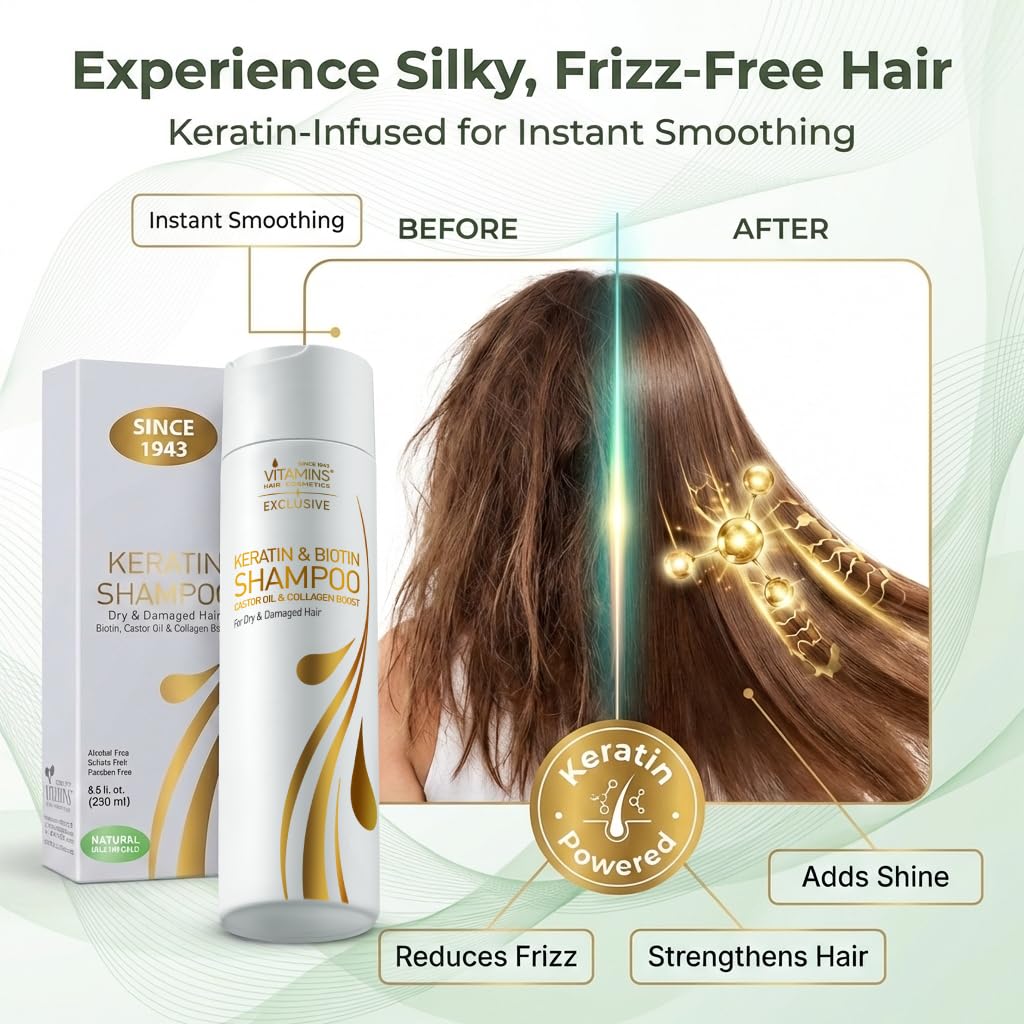 VITAMINS Keratin Shampoo lather shows cleansing and moisture delivery.