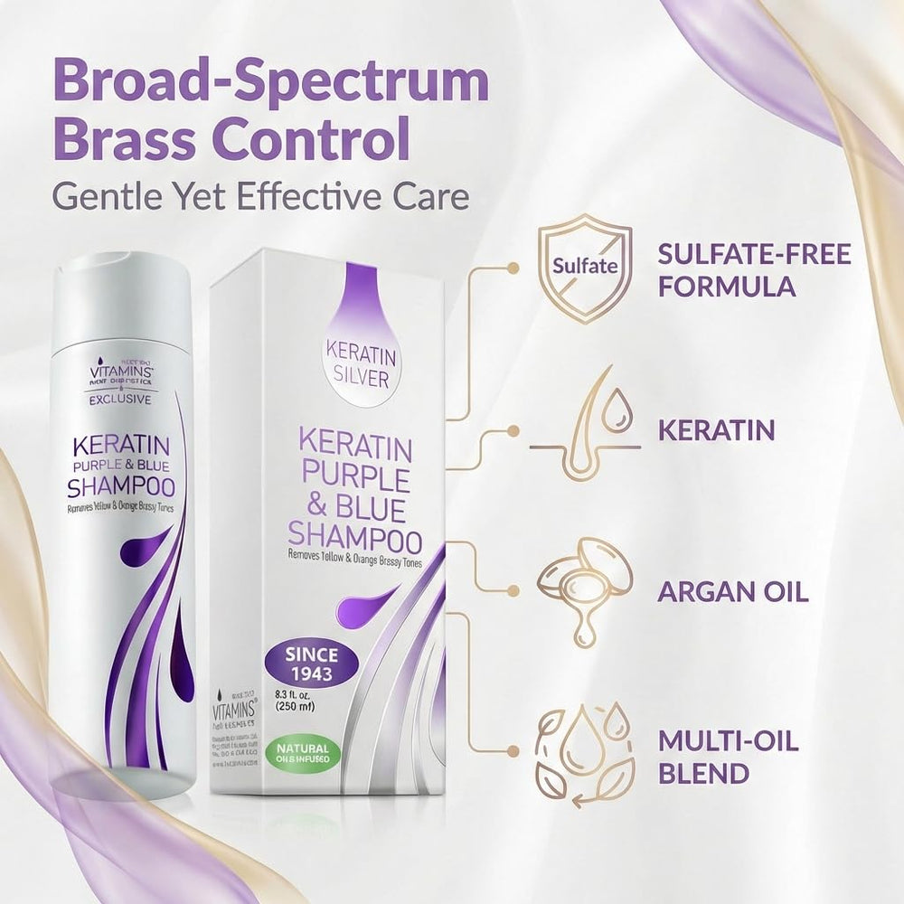 VITAMINS keratin purple shampoo for silver-gray hair tones on wet strands