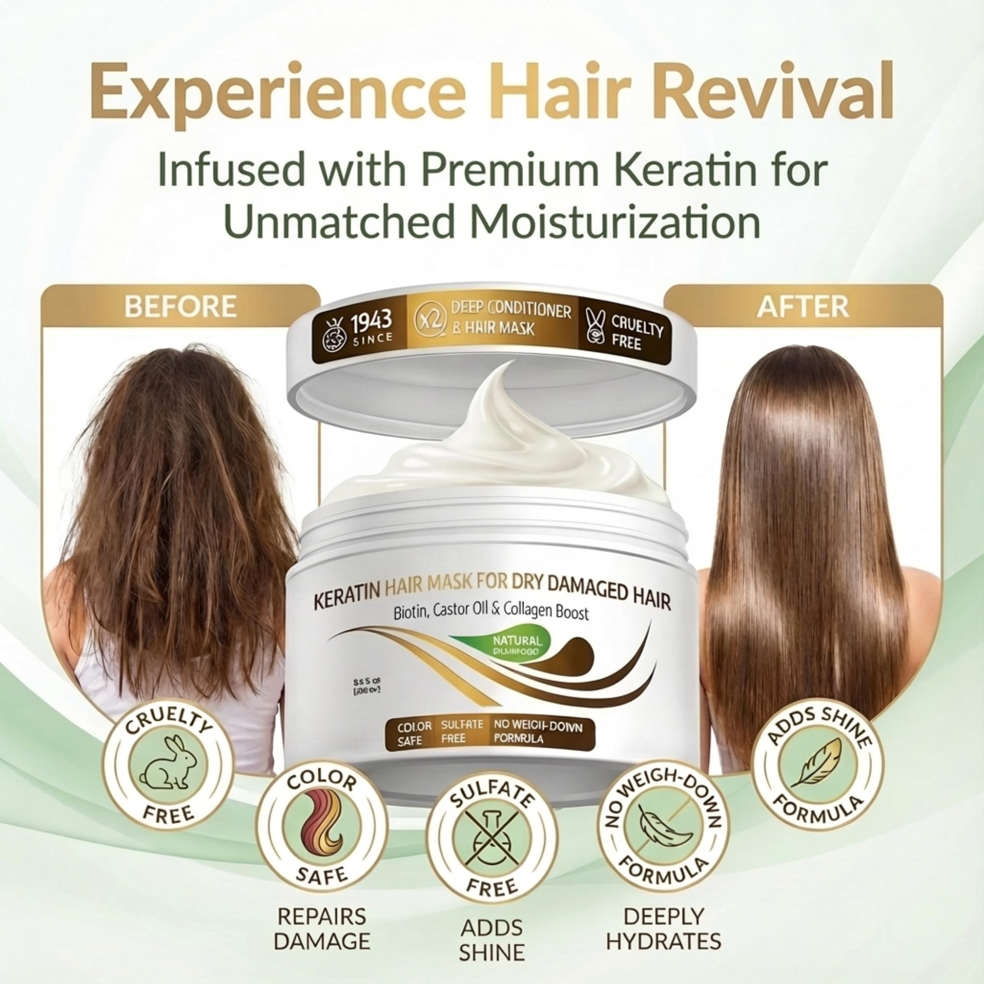 VITAMINS Keratin Mask damage repair close-up highlights strengthened, healthier strands.