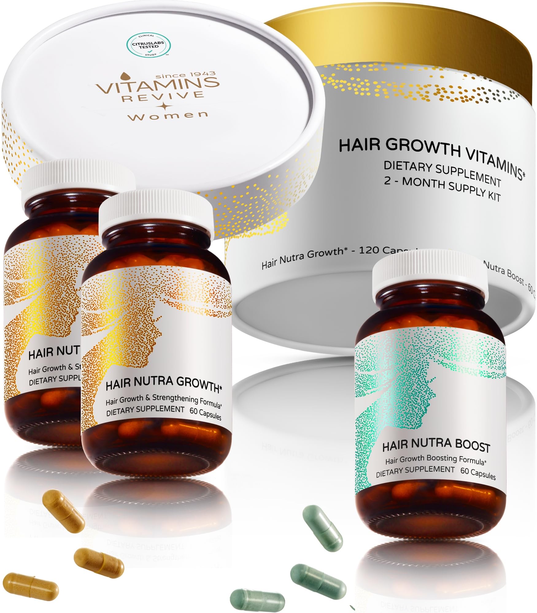 VITAMINS REVIVE bottle shown for menopause and postpartum hair support