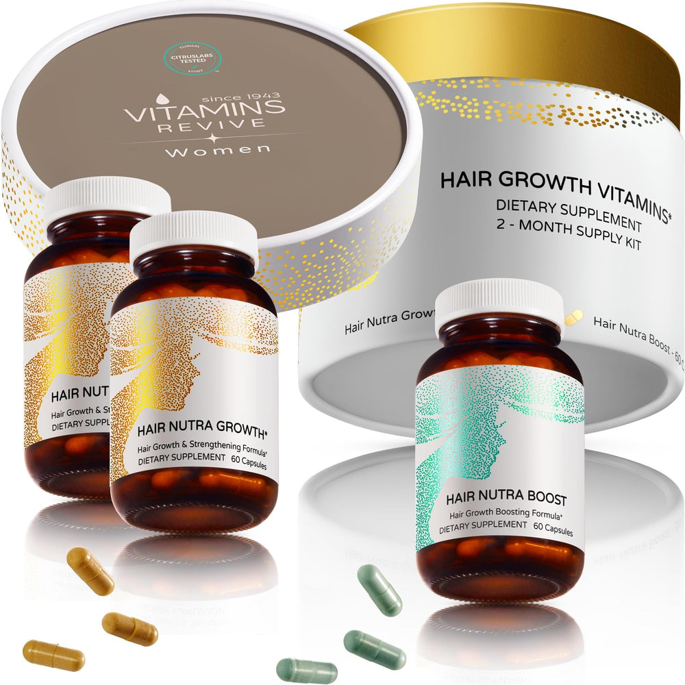 VITAMINS REVIVE hair supplement bottle showing vegan formula for healthier hair